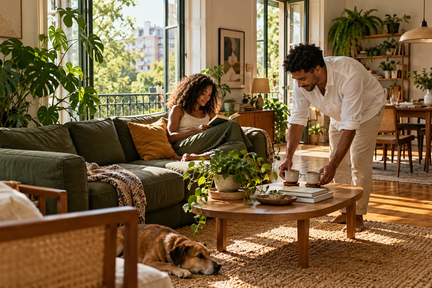 Uma manhã tranquila em casa, entre plantas, livros e café.
